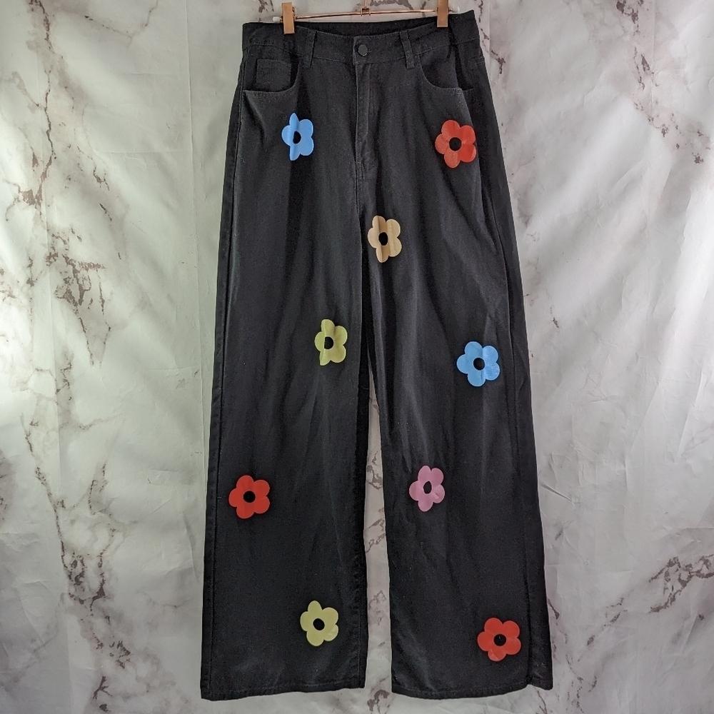 Cider Pants Women XL Black Flower Floral Pattern Wide Leg Jeans High Rise Mod